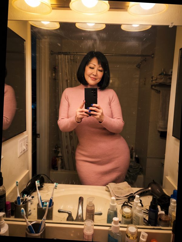Yumi in a pink sweater dress